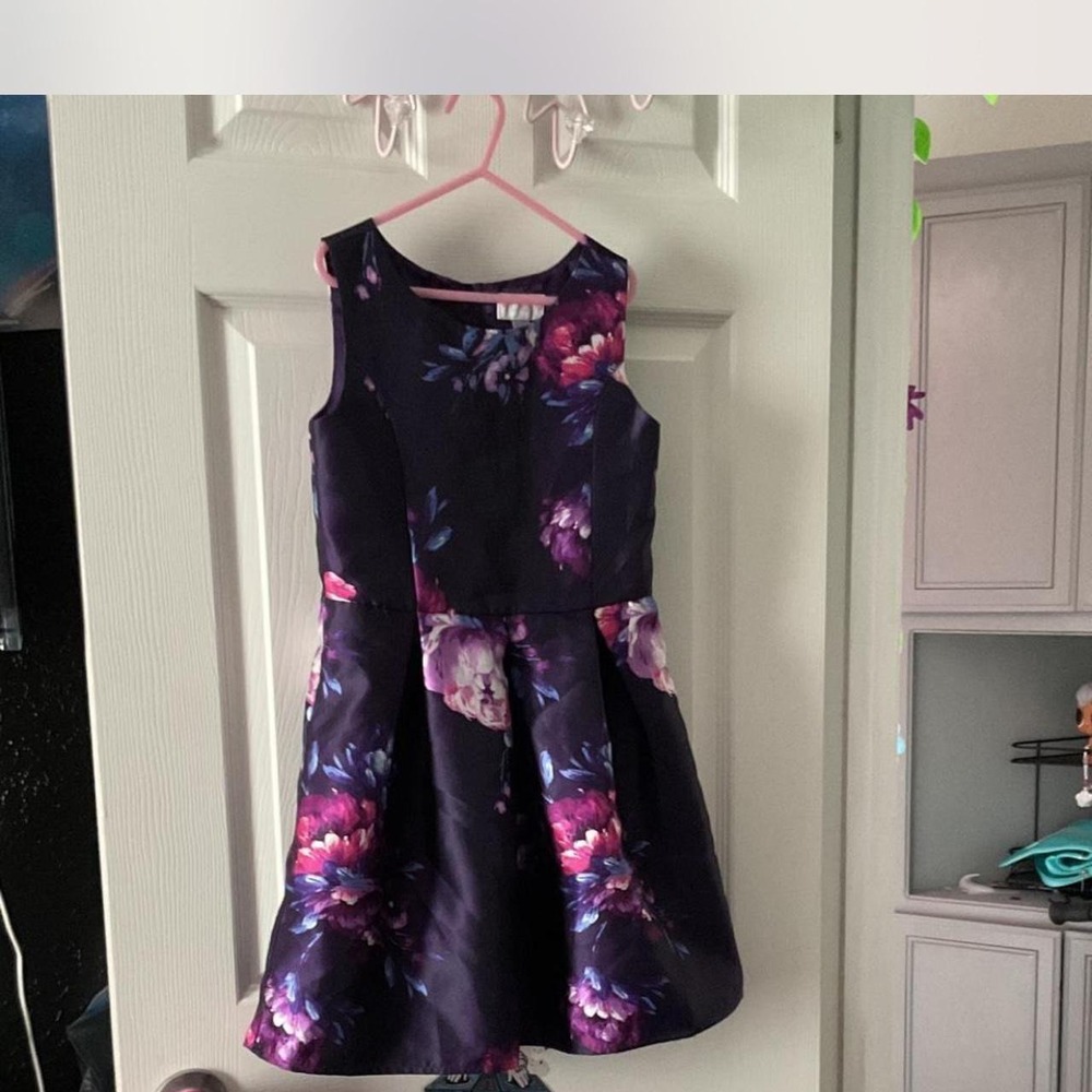 The Childrens Place Girls Floral Party Dress Size 8 Navy Pink Purple Satin Fit